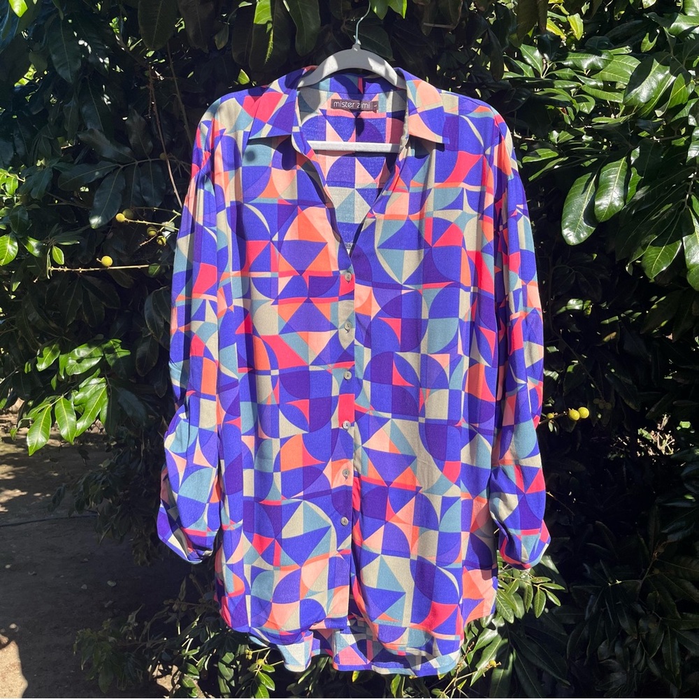 MISTER ZIMI purple blue pink gel print button up long sleeve tunic shirt blouse